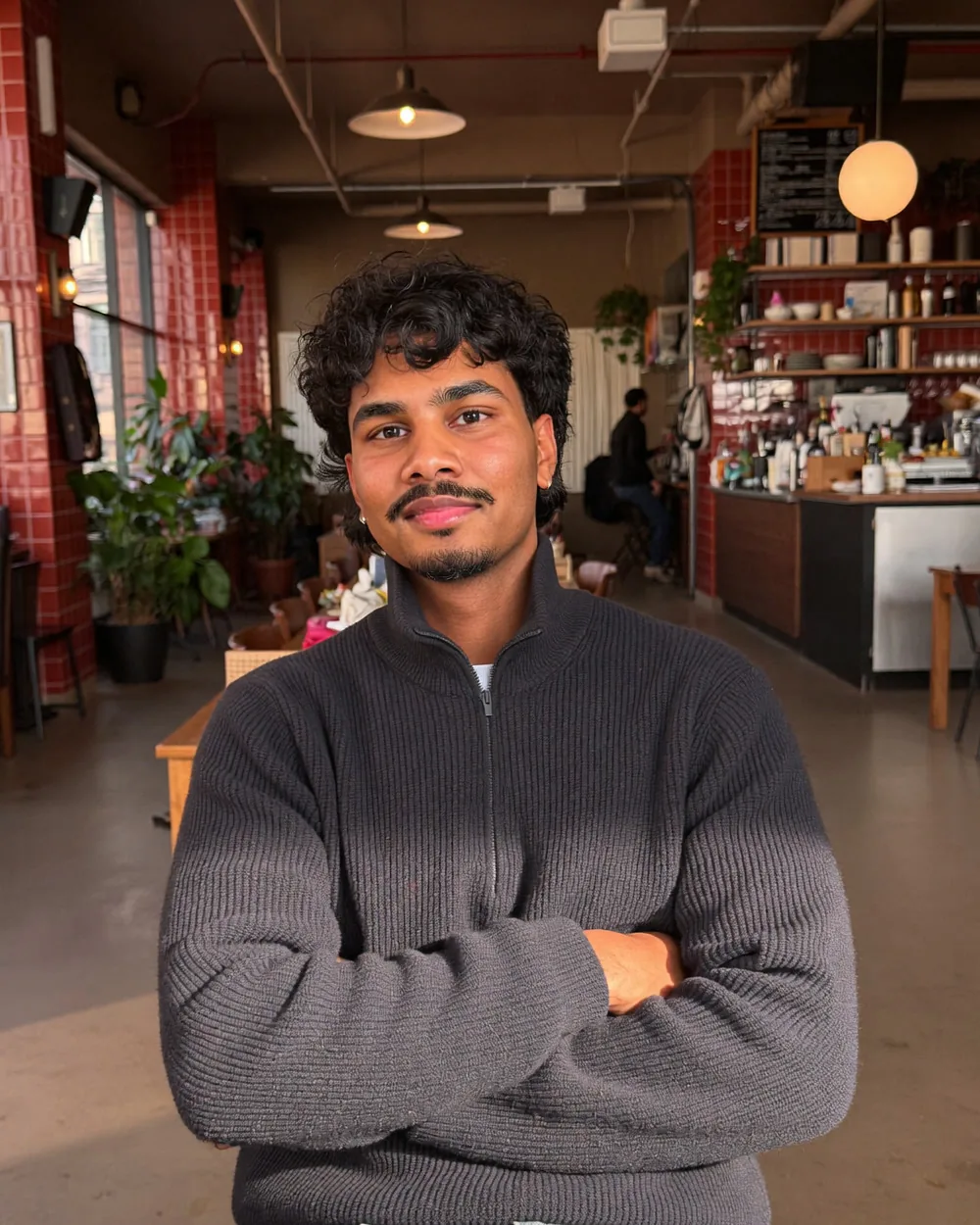 Nadil, co-founder, portrait in a cafe